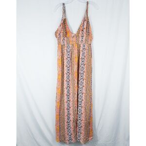 En Creme Empire Waist Cami Maxi Dress Womens XL Orange Multi Boho Fairy Beach